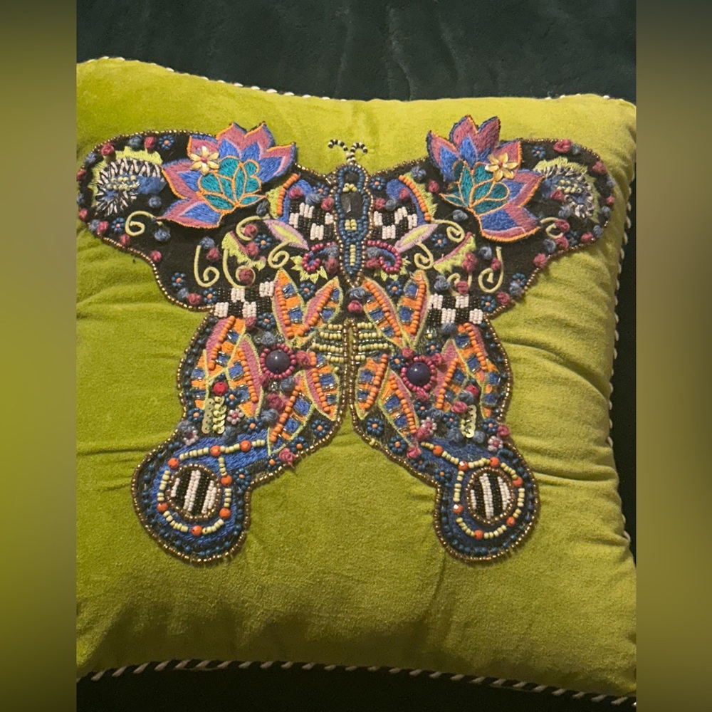 MacKenzie-Childs Lime Green Pillow with Silver Trim and beaded butterfly. W/ tag